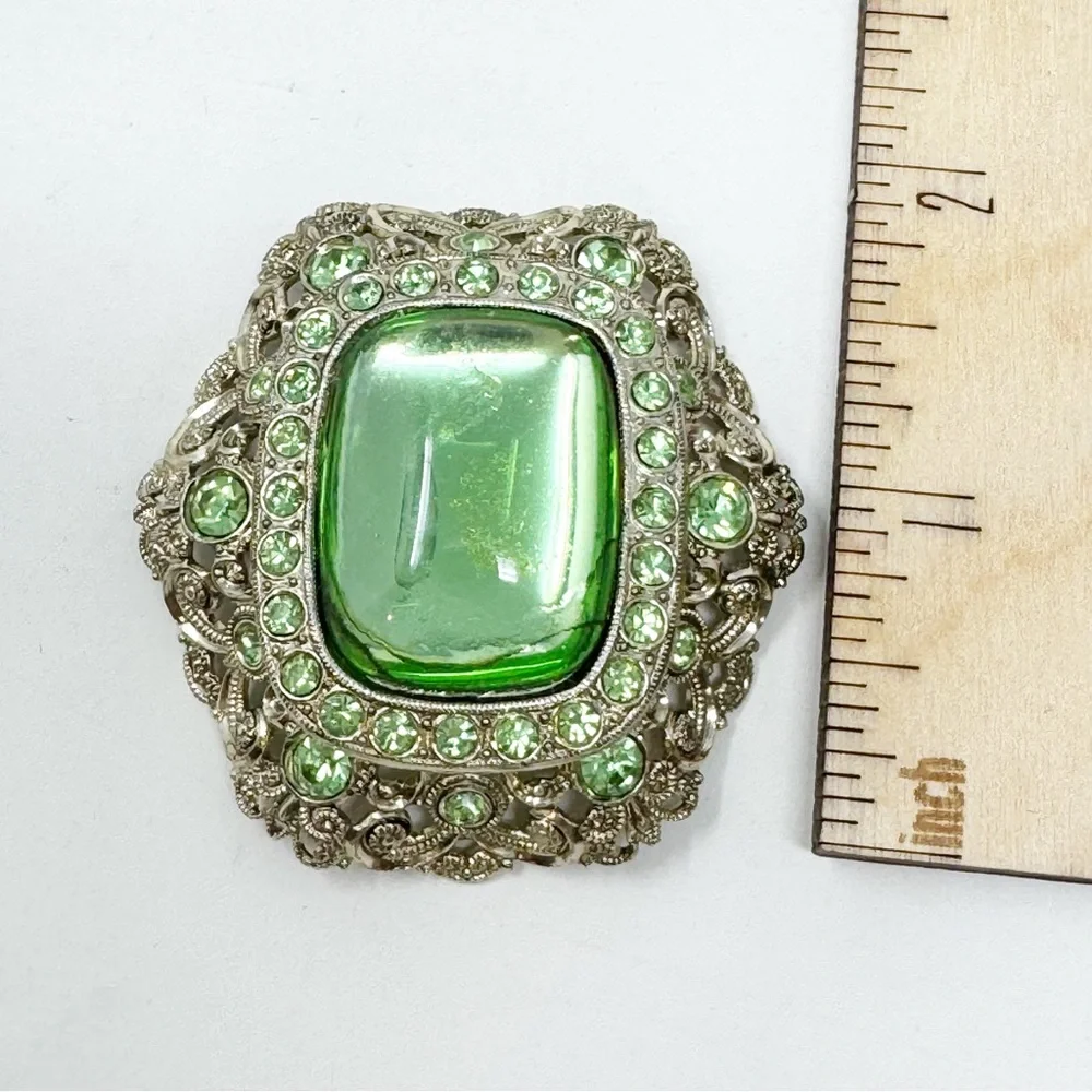 West Germany Pale Green Victorian Style Vintage Brooch Very Lightweight Metal